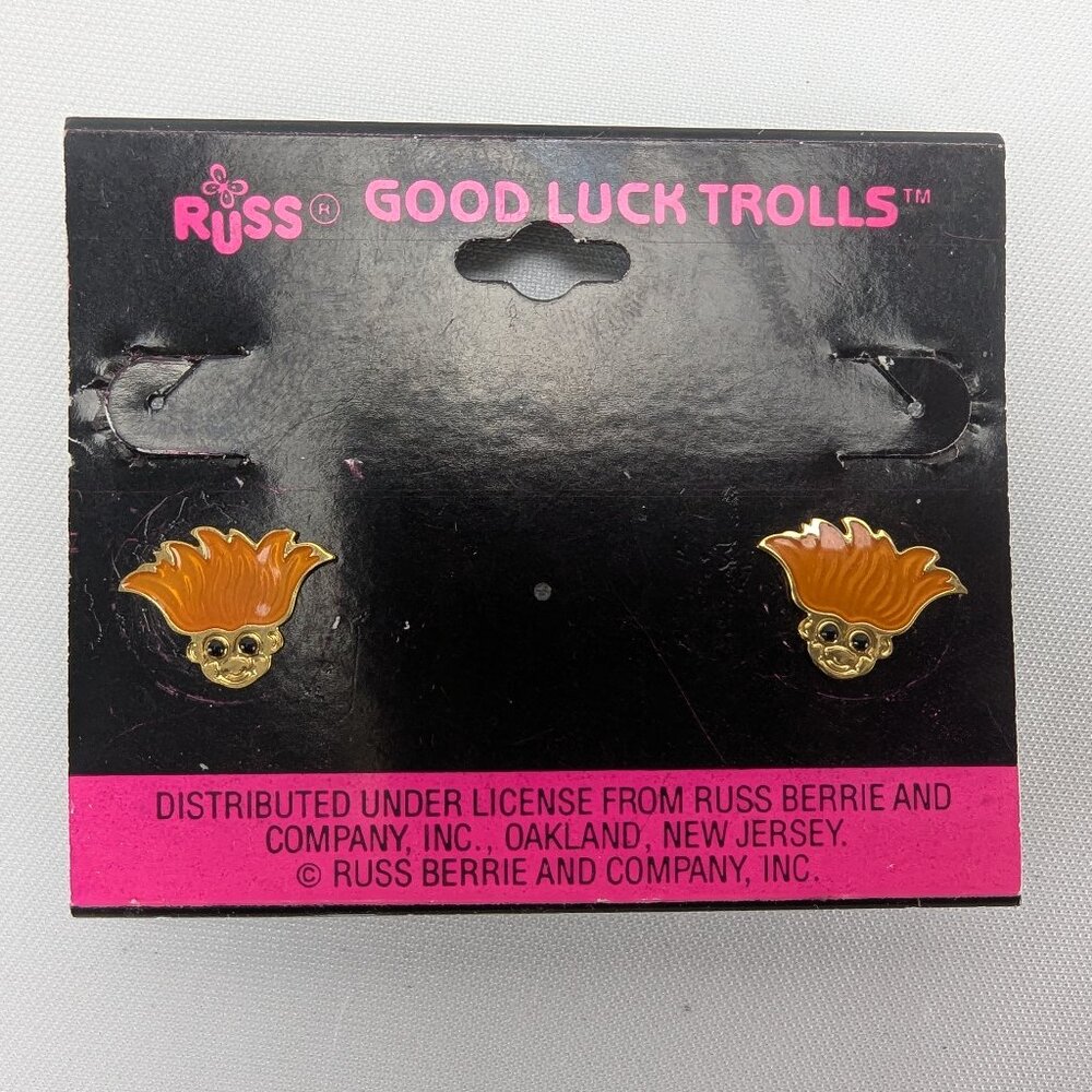 Vintage Russ Good Luck Trolls Earrings Studs Goblin Core Orange Hair Pierced Ear